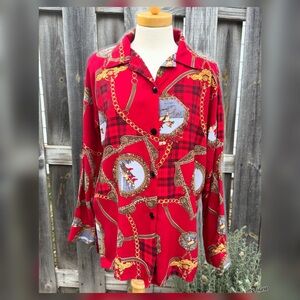 Vintage 90s Peter Popovitch Equestrian Hunt Plaid Chain Blouse - 14 XL